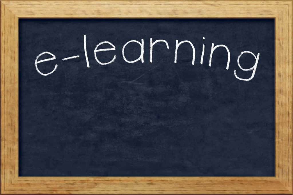 The image shows a sketch of a classroom blackboard with 'e-learning' written on it to pose the question; what are some good resources to use to do scientific research?