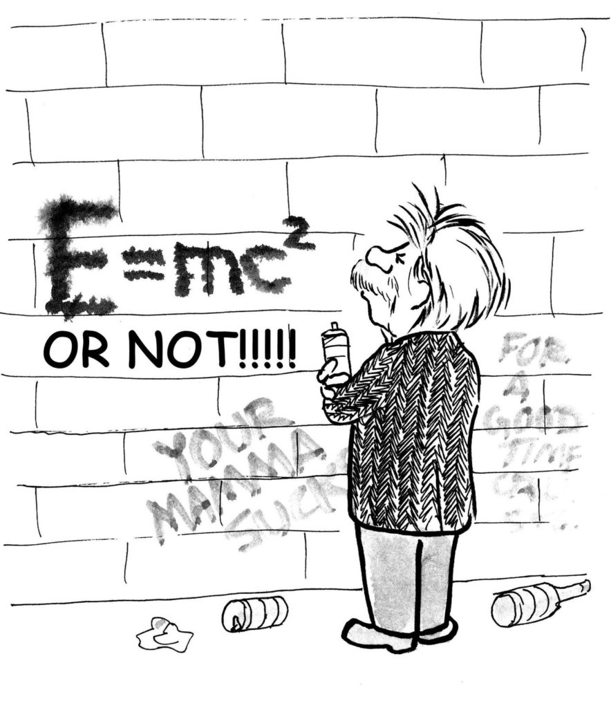 The image shows a sketch of Albert Einstein graffitiing a wall with the formula E=mc2 to answer the question who is the father of science?